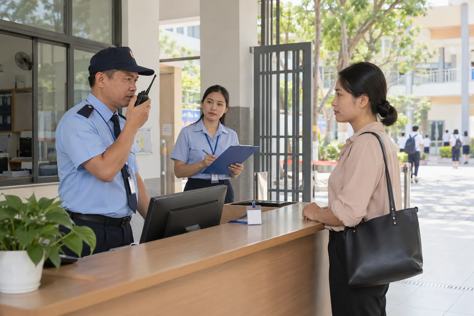 Nhân viên an ninh dùng bộ đàm xác minh quyền vào trường của khách trong khi người giám sát ghi nhận việc thực hiện.