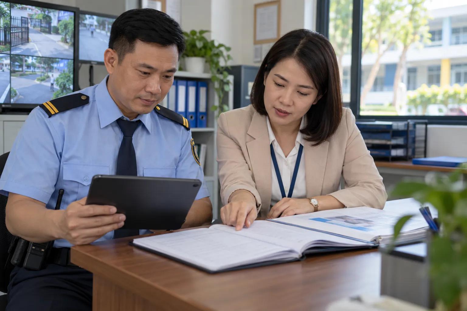 Đại diện nhà trường và giám sát an ninh đối chiếu sổ bàn giao, tài liệu quy trình và thông tin trên máy tính bảng.