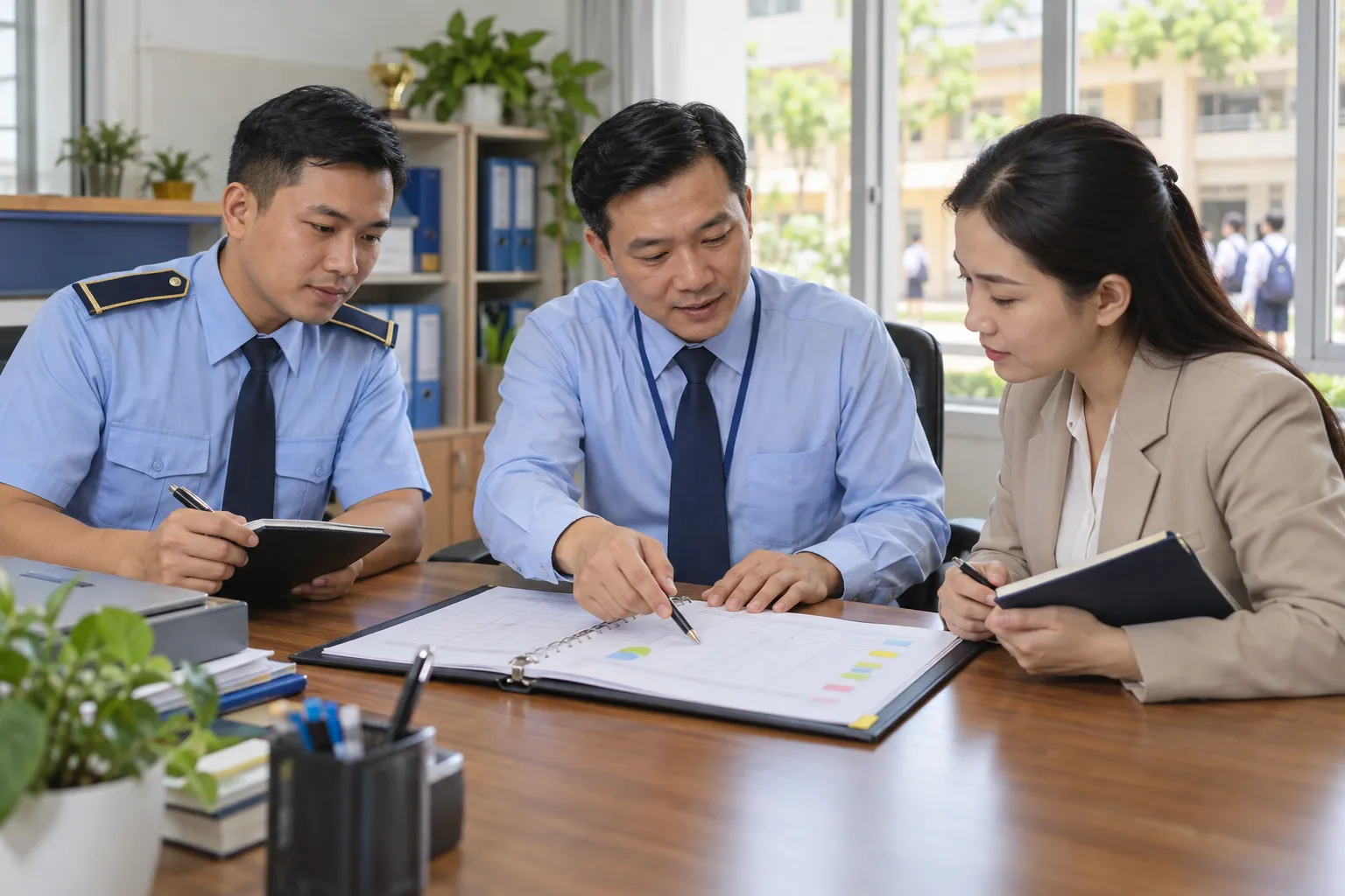 Đại diện nhà trường và quản lý an ninh trao đổi về bảng kế hoạch hành động và phân công trách nhiệm.