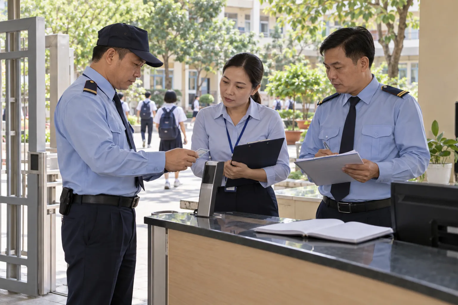 Nhóm giám sát quan sát nhân viên an ninh thực hiện xác minh và đối chiếu với bảng kiểm tại chốt bảo vệ.