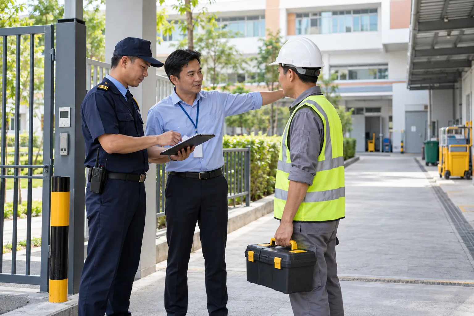 Nhân viên an ninh phối hợp với đại diện nhà trường xác minh lịch hẹn và phạm vi tiếp cận của khách.