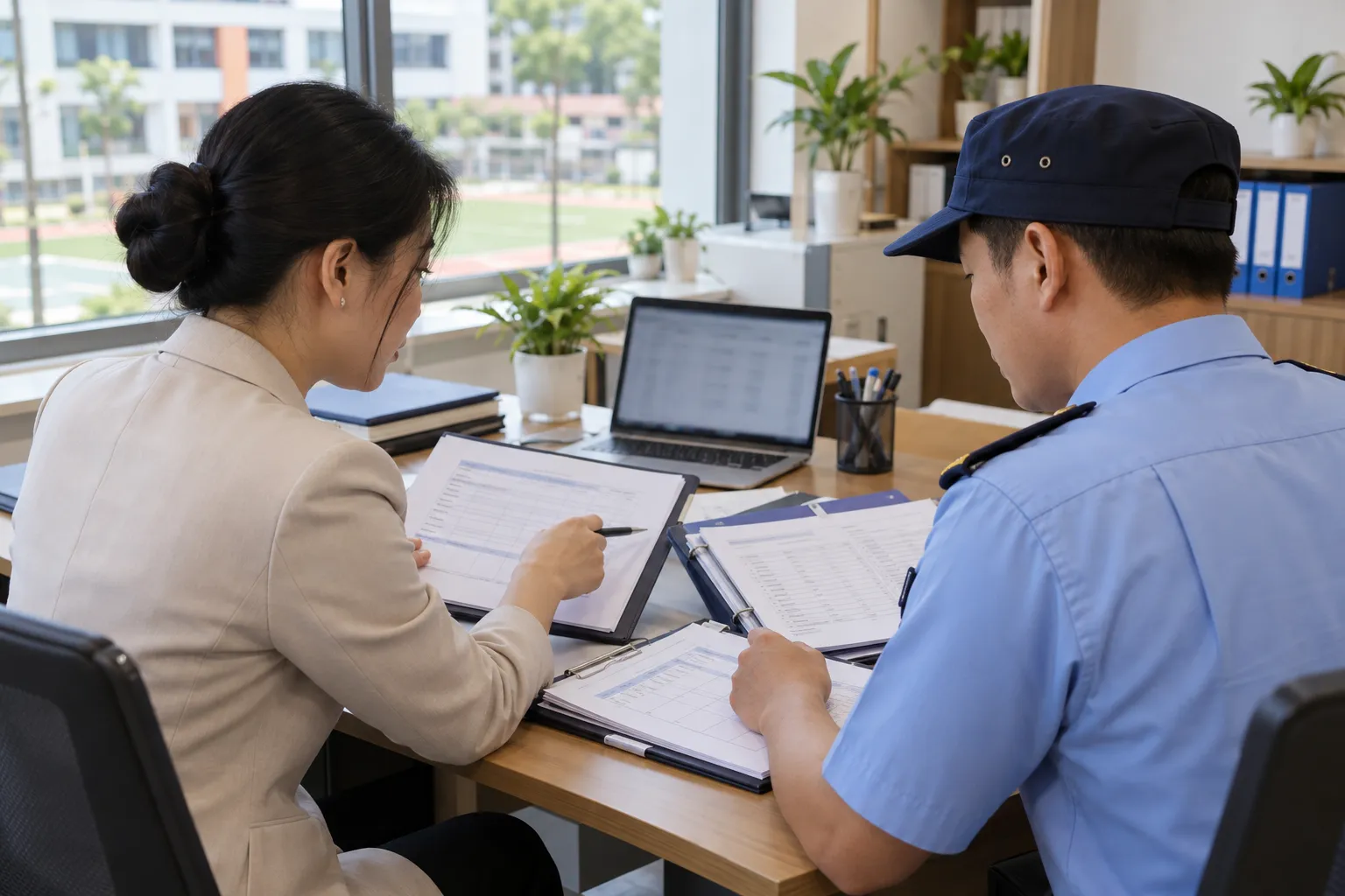 Đại diện nhà trường cùng giám sát an ninh rà soát hồ sơ đào tạo, bàn giao ca và biểu mẫu kiểm tra.