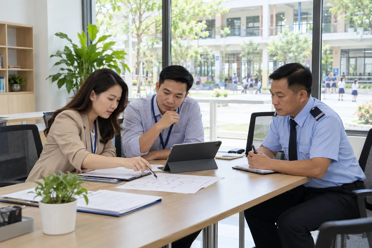 Đại diện nhà trường và đối tác an ninh cùng rà soát kế hoạch cải tiến chất lượng dịch vụ.