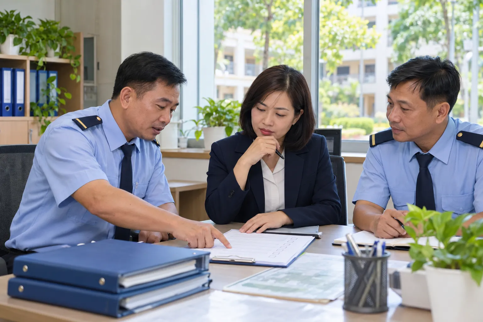 Đại diện nhà trường và giám sát an ninh cùng rà soát bảng kiểm chất lượng dịch vụ.