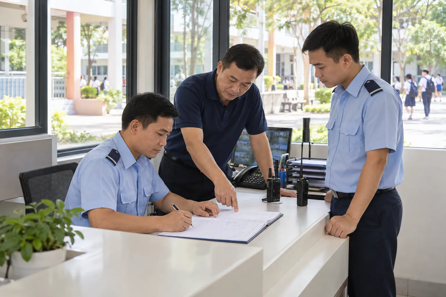 Người giám sát cùng nhân viên an ninh rà soát sổ bàn giao để thống nhất thông tin giữa các ca trực.