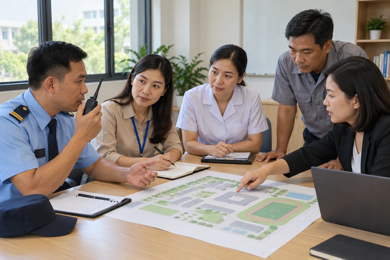 Các bộ phận an ninh, giáo viên, y tế và vận hành thực hành phối hợp qua tình huống giả định.